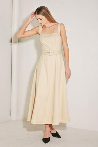 ELEVATED NEUTRAL WOVEN MIDI DRESS - Glamourous Grace