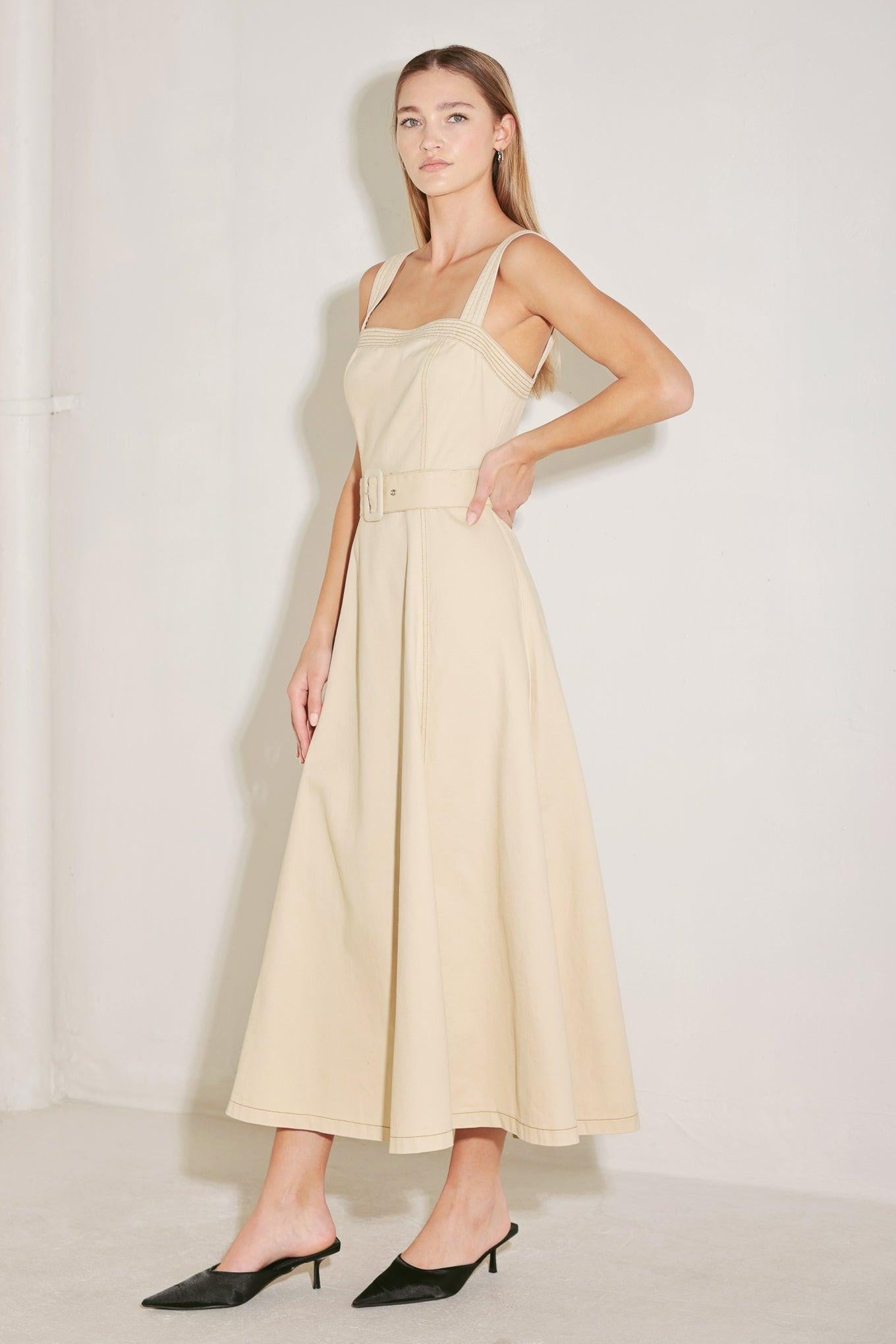 ELEVATED NEUTRAL WOVEN MIDI DRESS - Glamourous Grace