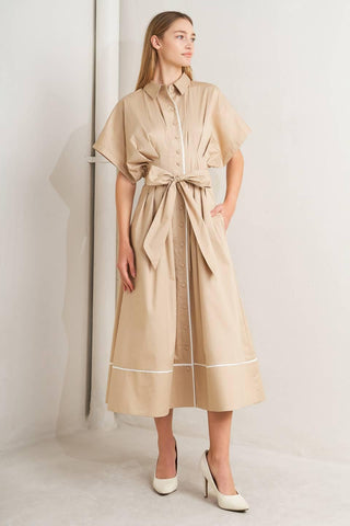 CATCH YOU LATER KHAKI WOVEN MIDI DRESS - Glamourous Grace LLC