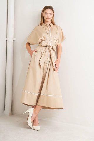 CATCH YOU LATER KHAKI WOVEN MIDI DRESS - Glamourous Grace LLC