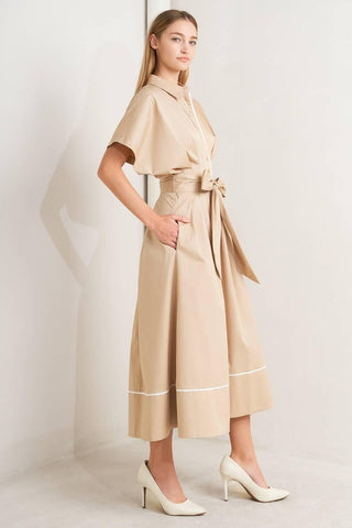 CATCH YOU LATER KHAKI WOVEN MIDI DRESS - Glamourous Grace LLC