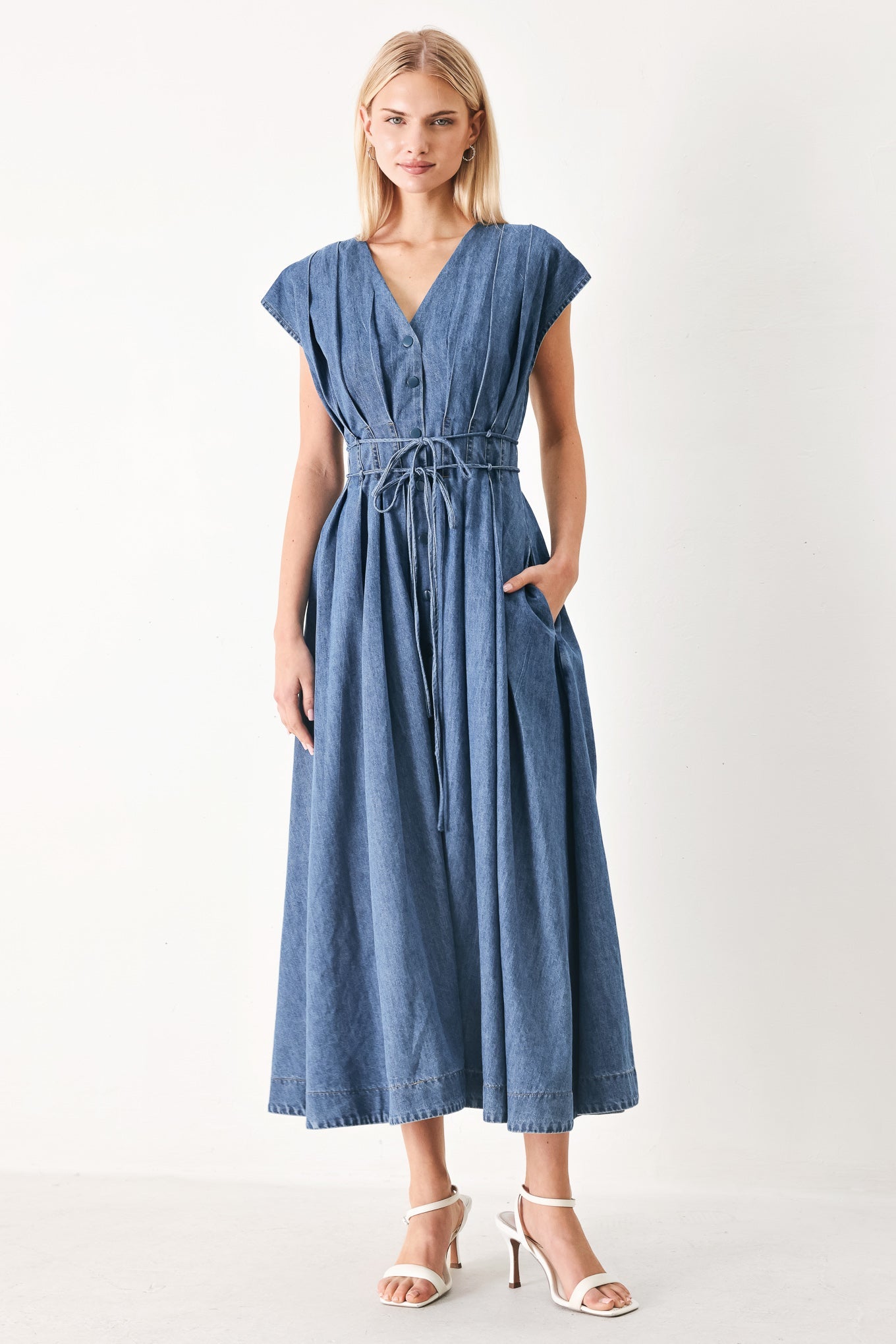 MIDNIGHT FLOW DENIM MIDI DRESS - Glamourous Grace