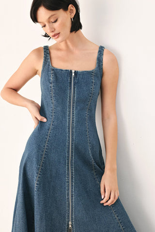 BLUE HORIZON ZIP FRONT DENIM MIDI DRESS
