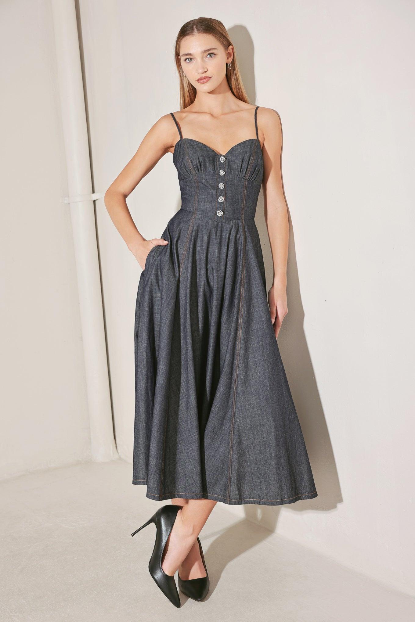 AFTER HOURS SERENADE DENIM MIDI DRESS - Glamourous Grace