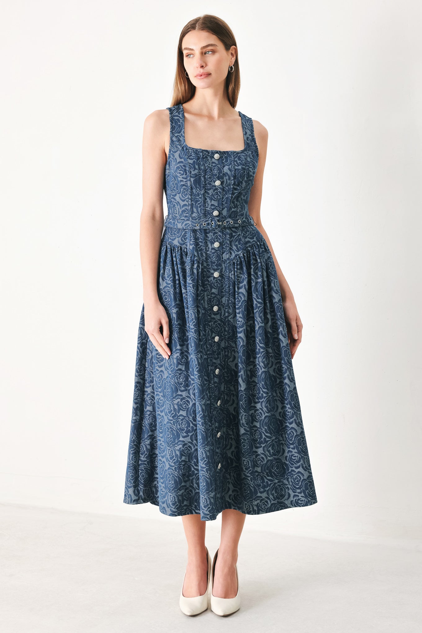 MIDNIGHT GARDEN DENIM MIDI DRESS - Glamourous Grace