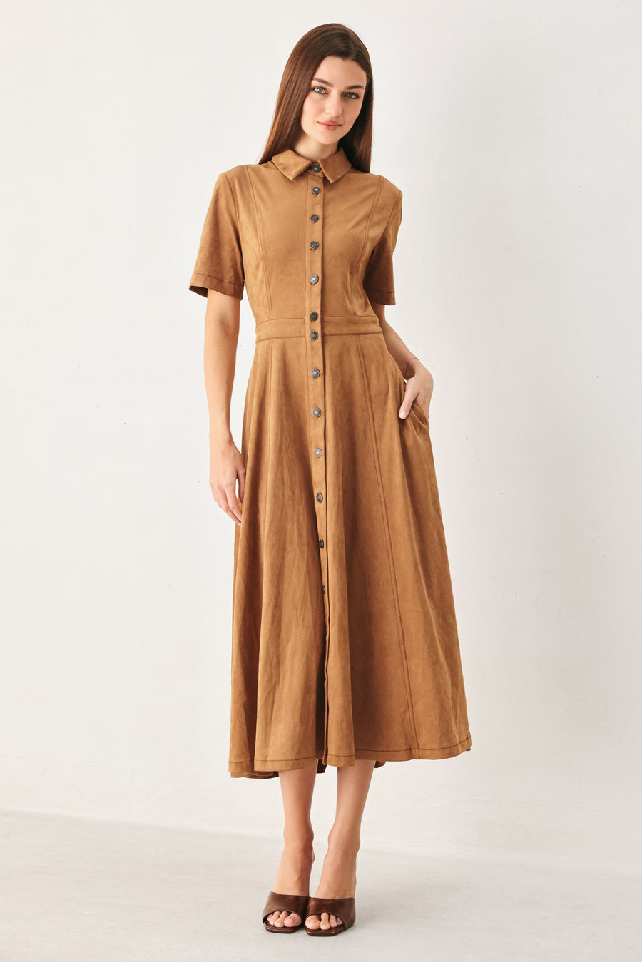 DARLING CAME FAUX SUEDE MIDI SHIRT DRESS - Glamourous Grace