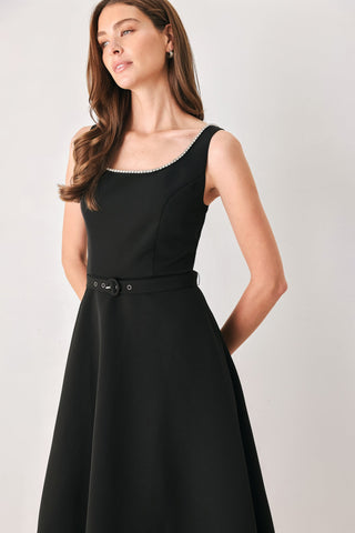 JEWELED NOIR BLACK EMBELLISHED BELTED MIDI DRESS