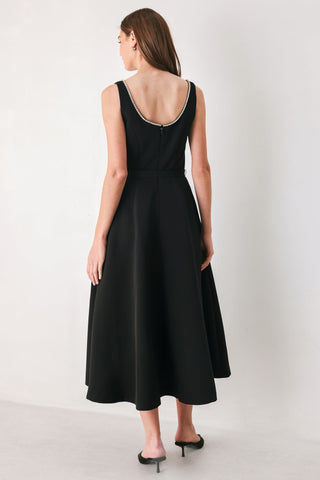 JEWELED NOIR BLACK EMBELLISHED BELTED MIDI DRESS