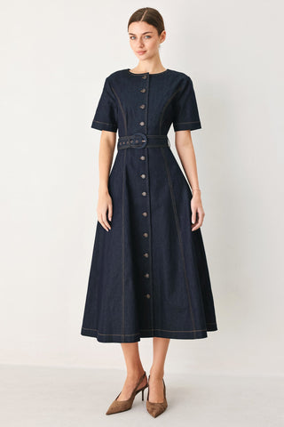 ROMANTIC DENIM WOVEN MIDI DRESS