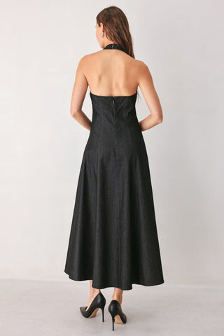 AFTER DARK HALTER DENIM MIDI DRESS