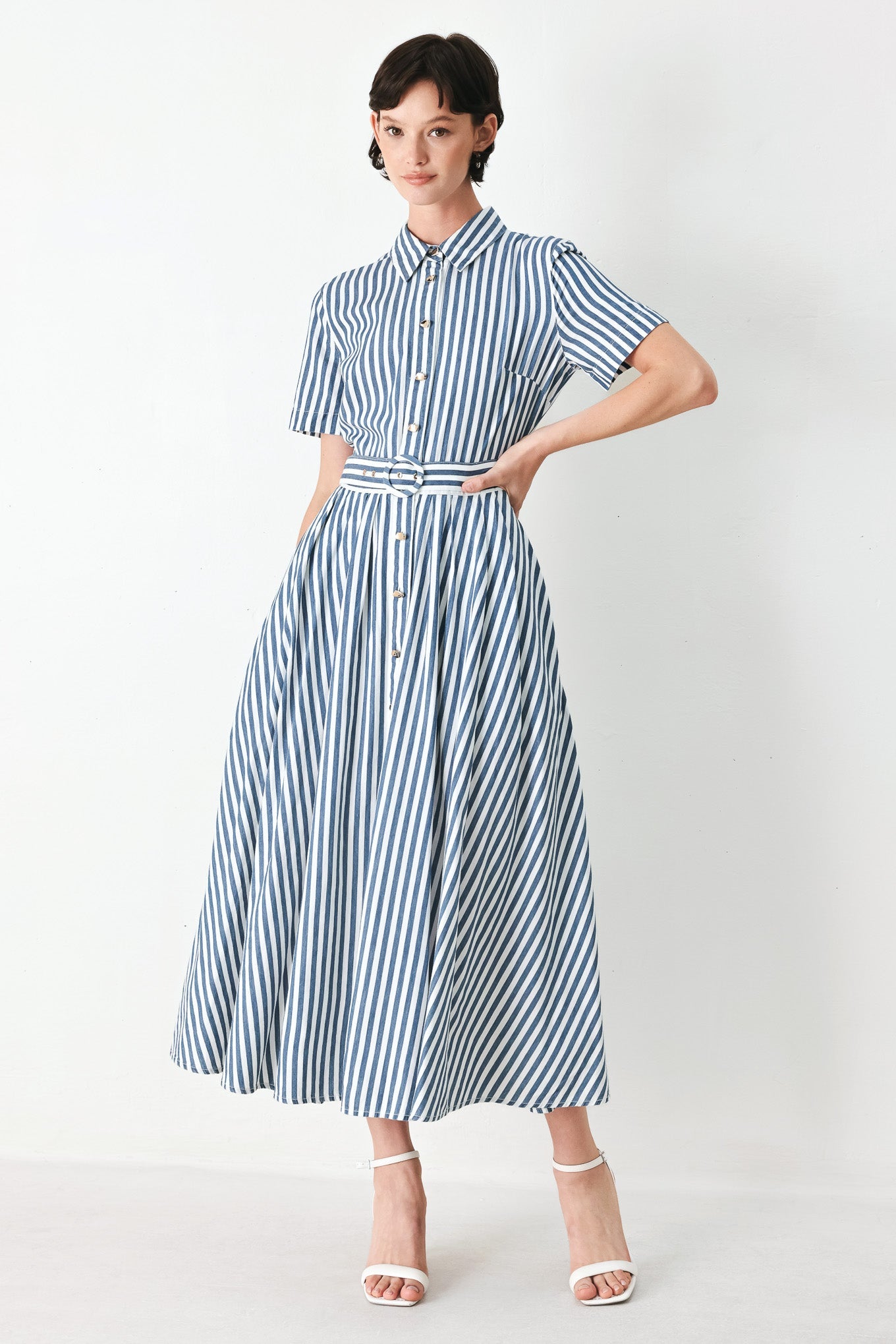 COASTAL MUSE STRIP WOVEN MIDI SHIRT DRESS - Glamourous Grace