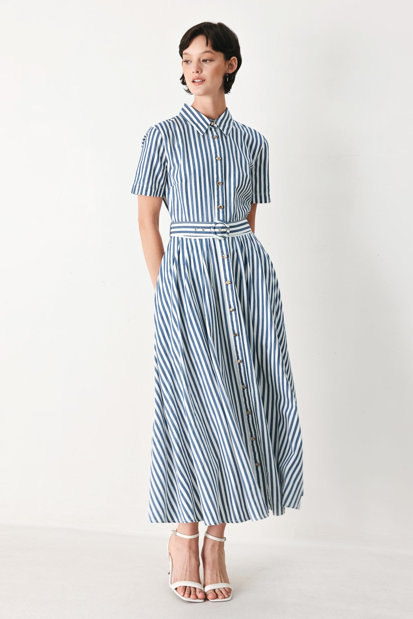 COASTAL MUSE STRIP WOVEN MIDI SHIRT DRESS - Glamourous Grace