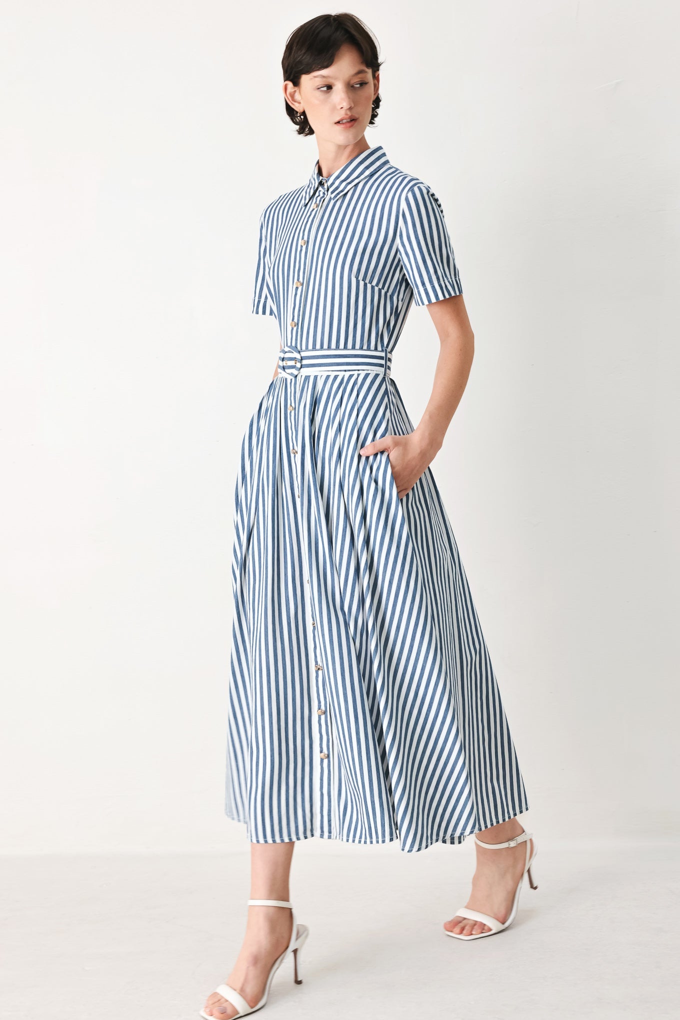 COASTAL MUSE STRIP WOVEN MIDI SHIRT DRESS - Glamourous Grace
