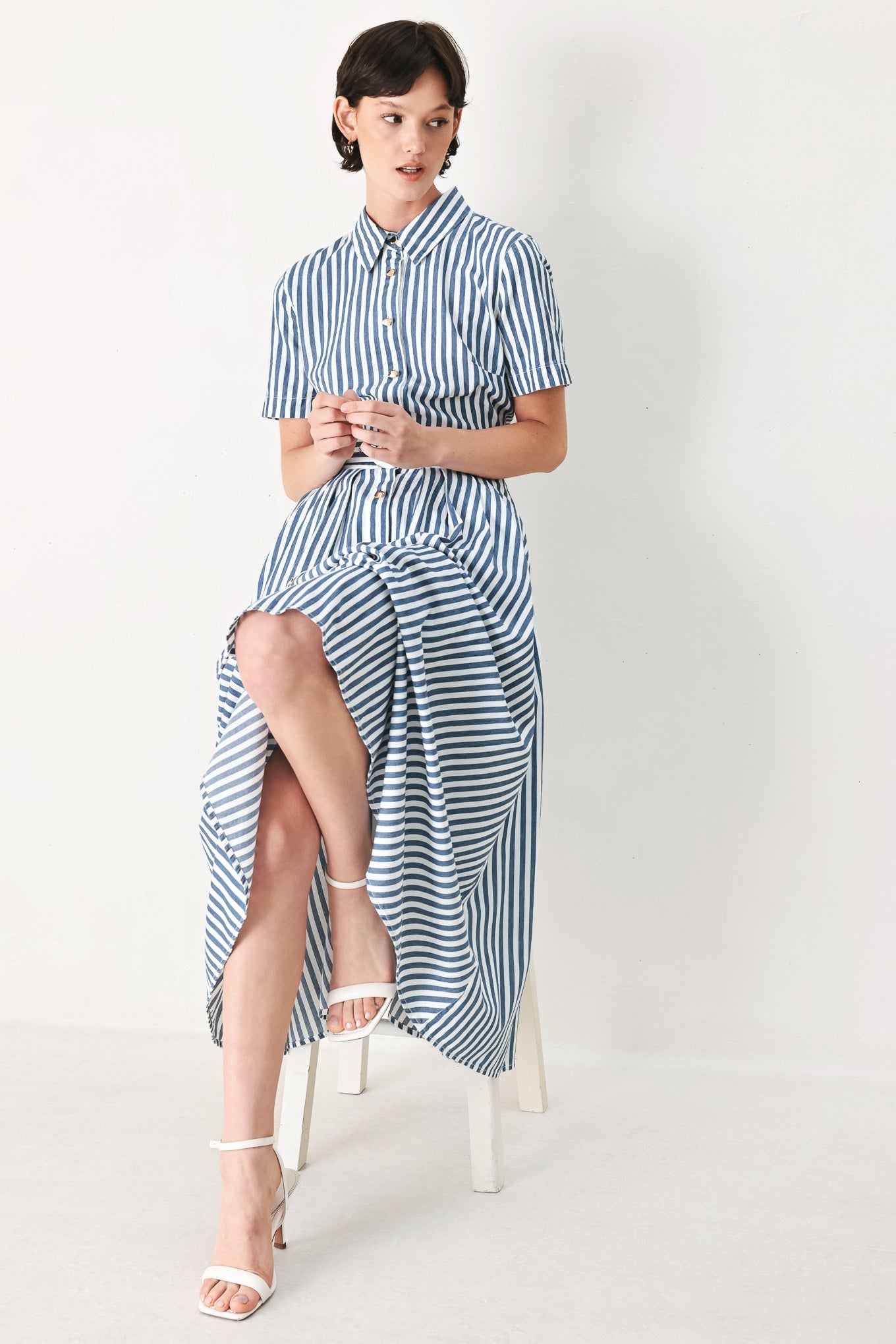 COASTAL MUSE STRIP WOVEN MIDI SHIRT DRESS - Glamourous Grace