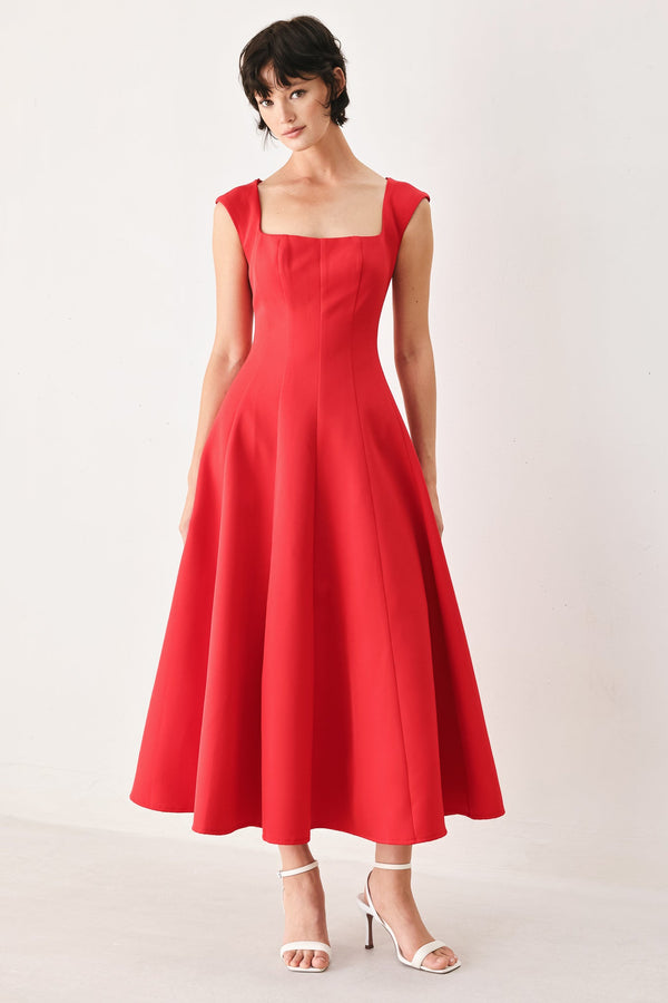 SCARLET ROMANCE WOVEN MIDI DRESS - Glamourous Grace