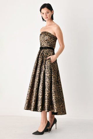 WILDLY GOLDEN LEOPARD STRAPLESS MIDI DRESS