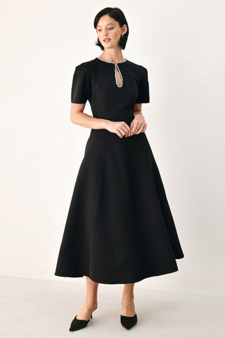 AFTER DARK ELEGANCE JEWELED MIDI DRESS