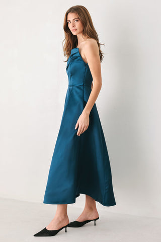 TEAL TEMPO ASYMMETRICAL STRAPLESS CIRCLE-SKIRT MIDI DRESS