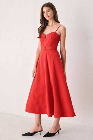 SCARLET PROMISE RED SWEETHEART BELTED MIDI DRESS