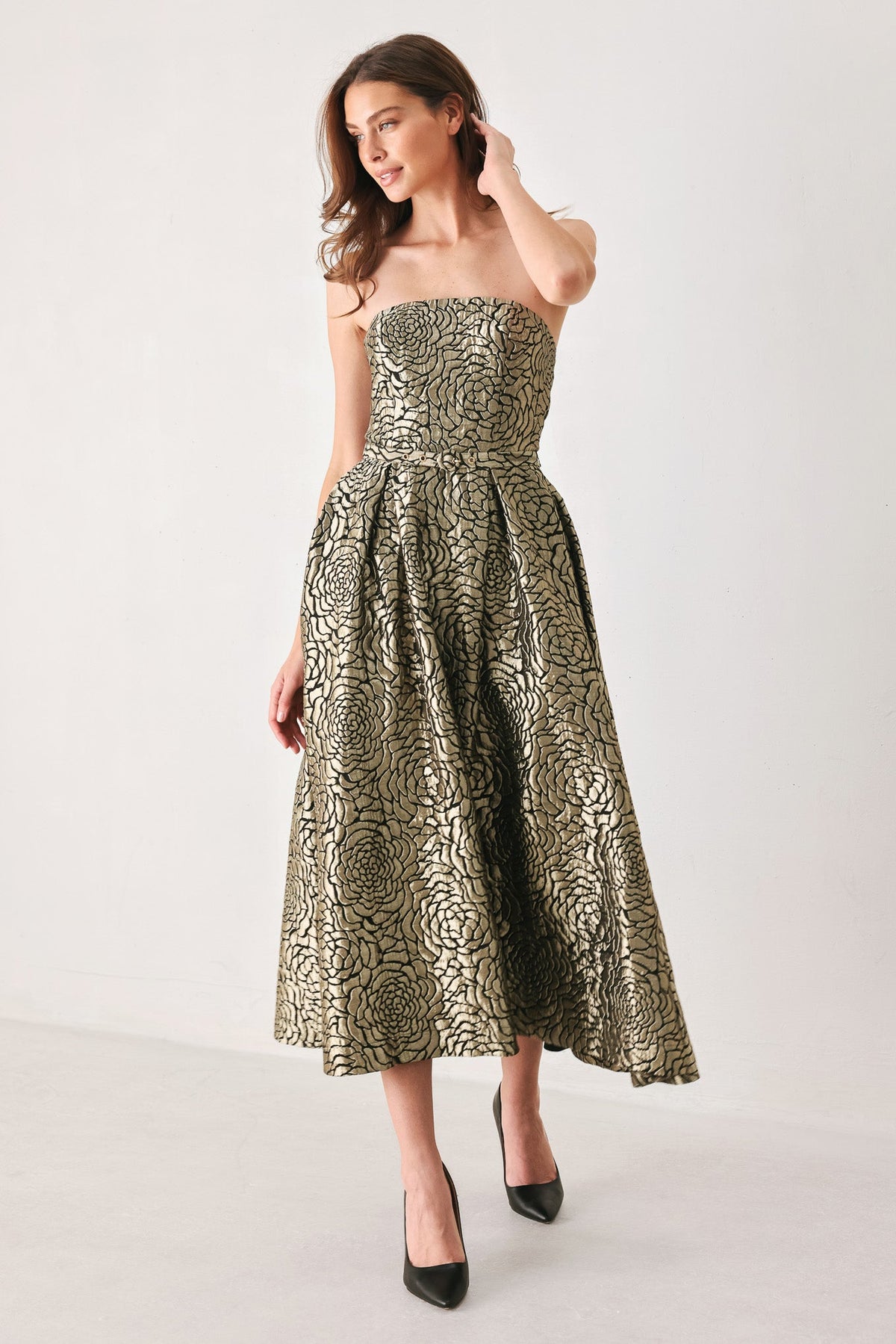 GOLDEN SOIREE GOLD STATEMENT MIDI DRESS