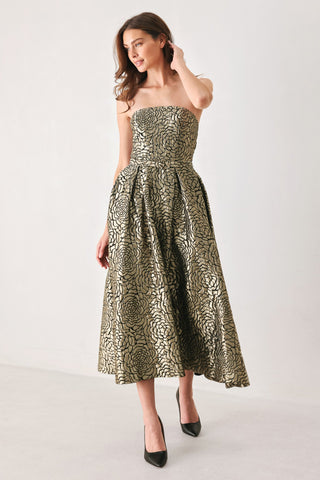 GOLDEN SOIREE GOLD STATEMENT MIDI DRESS