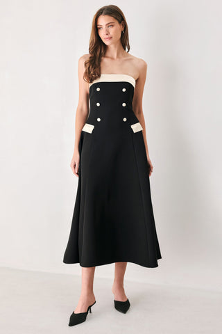 PARISIAN POISE BLACK/CREAM STRAPLESS BUTTON MIDI DRESS