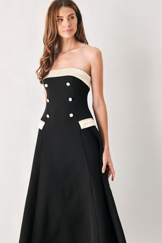 PARISIAN POISE BLACK/CREAM STRAPLESS BUTTON MIDI DRESS