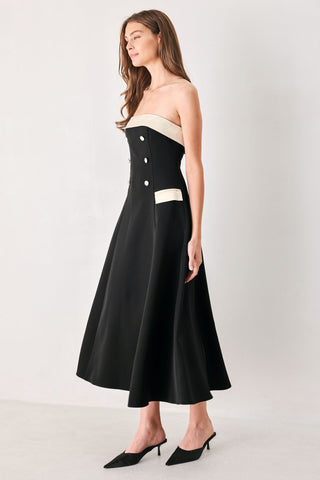 PARISIAN POISE BLACK/CREAM STRAPLESS BUTTON MIDI DRESS