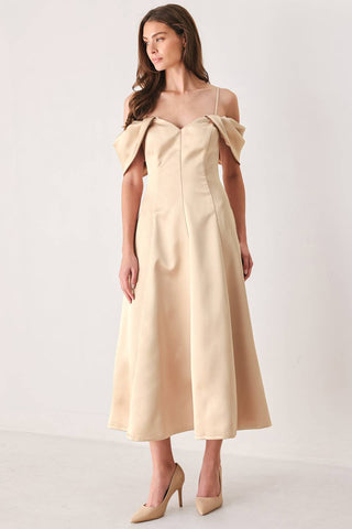 CHAMPAGNE ROMANCE CHAMPAGNE PINK OFF-SHOULDER MIDI DRESS