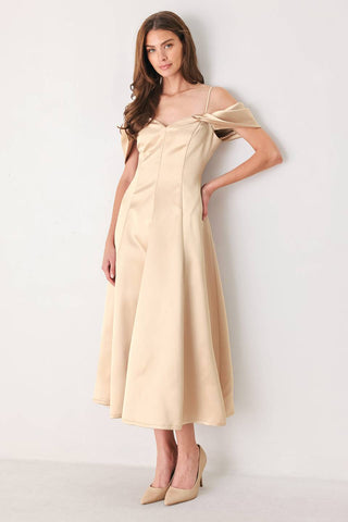 CHAMPAGNE ROMANCE CHAMPAGNE PINK OFF-SHOULDER MIDI DRESS