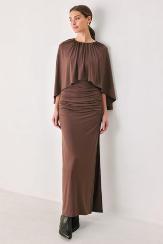 DUSTY ROSE DRAPE MAUVE CAPLET SHIRRED MIDI DRESS