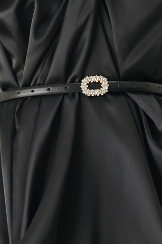 NOIR DRAPE BLACK RUCHED TULIP-SKIRT MIDI DRESS