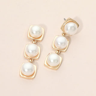 Square Round Pearl Link Drop Earrings