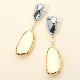 Bold Geometric Metal Pebble Pearl Link Drop Statement Earrings