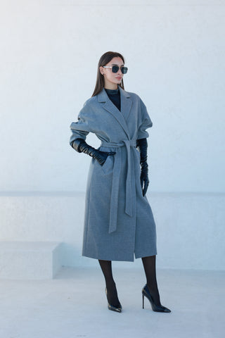 Logan Leather Trim Cashmere Blend Overcoat in Grey