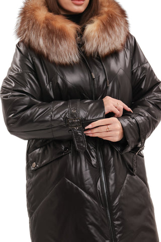 Genuine Fox Fur Trim Mid Length Coat
