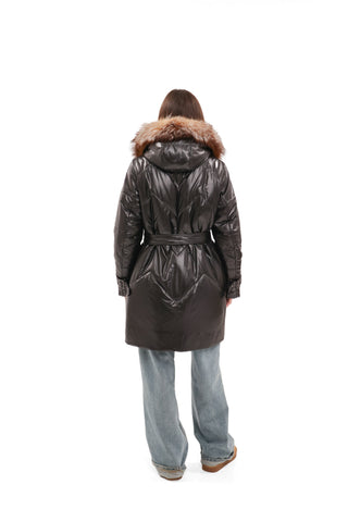 Genuine Fox Fur Trim Mid Length Coat