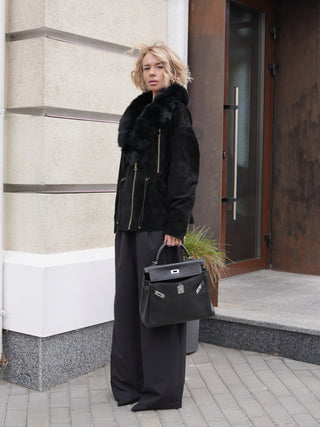 Vivienne Genuine Suede Polar Fox Trim Coat in Black