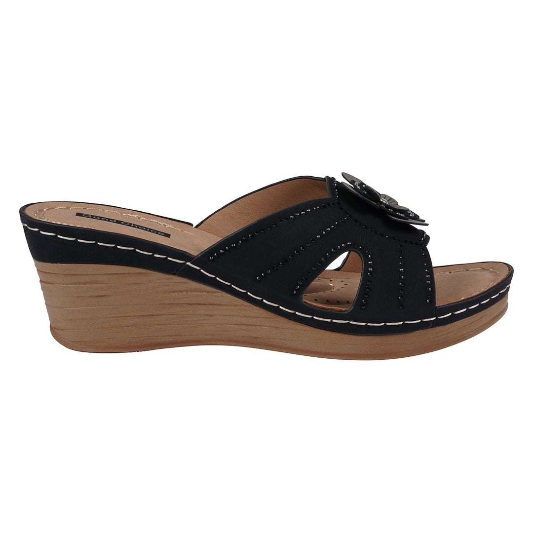 Women's Fiora Black Floral Wedge Sandals - Glamourous Grace