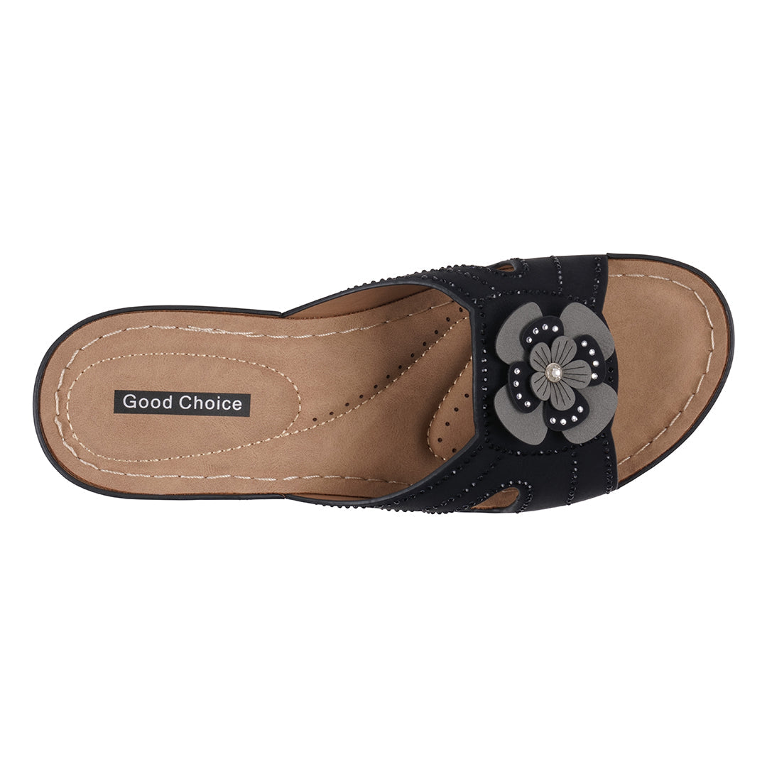 Women's Fiora Black Floral Wedge Sandals - Glamourous Grace