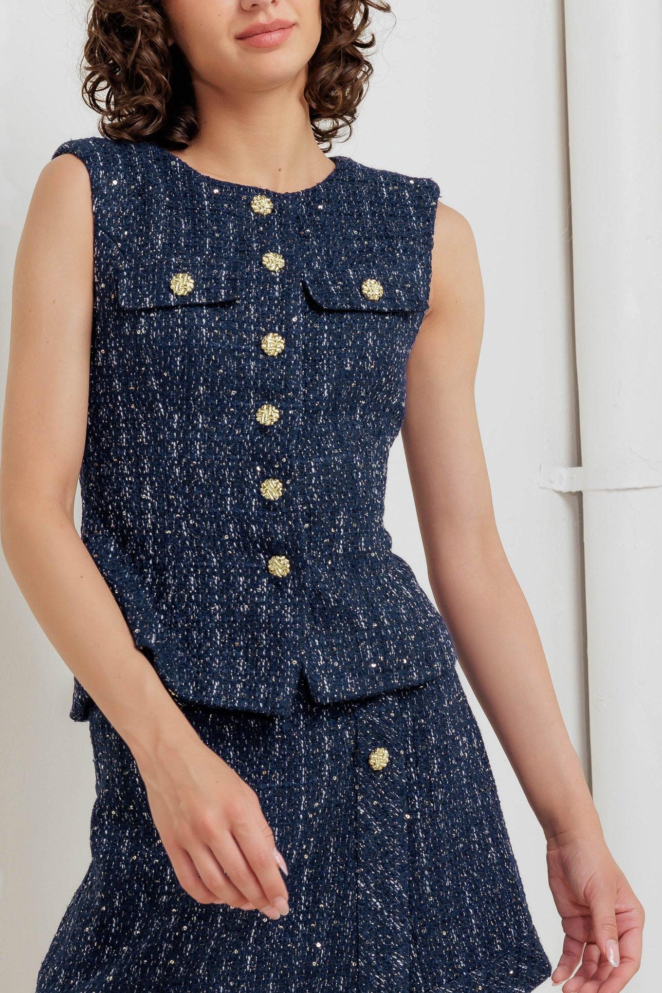 PARISIAN TWEED NAVY WOVEN TWEED VEST - Glamourous Grace