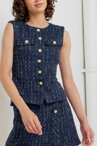 PARISIAN TWEED NAVY WOVEN TWEED VEST - Glamourous Grace