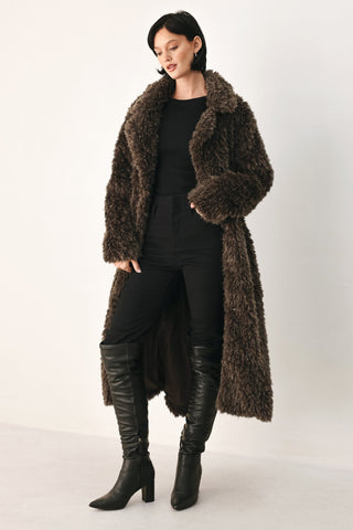 COZY IN THE CITY BELTED FAUX FUR MIDI COAT