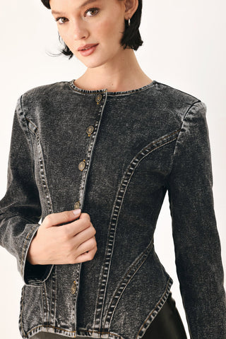 DOWNTOWN EDGE ACID WASH PEPLUM JACKET
