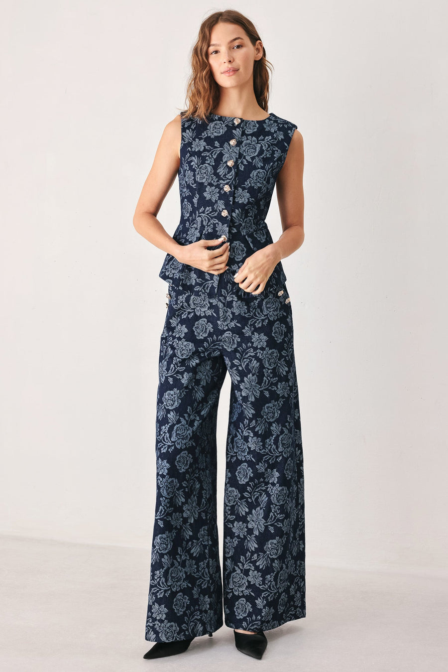 MIDNIGHT ROSE JACQUARD DENIM VEST - Glamourous Grace