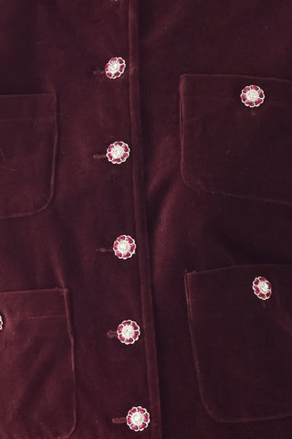 BORDEAUX VELVET BURGUNDY JEWEL-BUTTON CROPPED JACKET