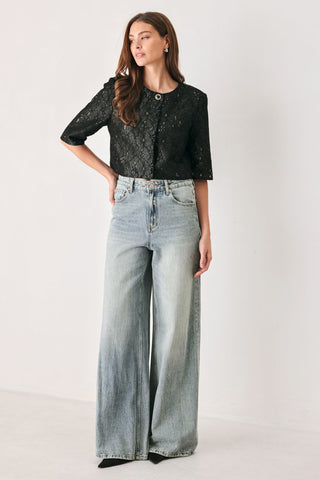 NOIR LACE AFFAIR BLACK/NUDE JEWEL-BUTTON CROPPED JACKET