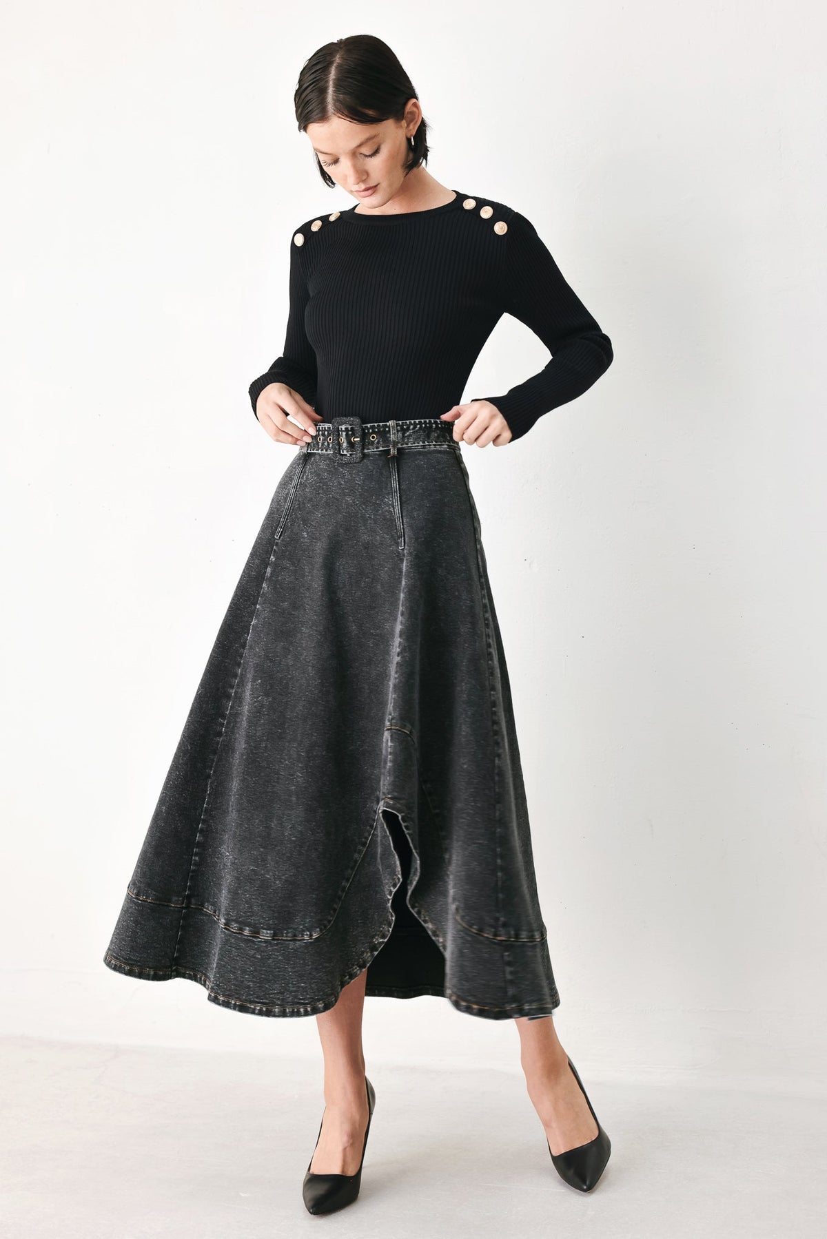 SHADOW STITCH ROMANCE DENIM MIDI SKIRT - Glamourous Grace