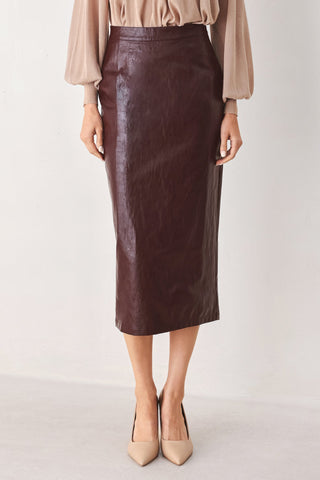 PORT WINE HIGH-RISE FAUX LEATHER SKIRT