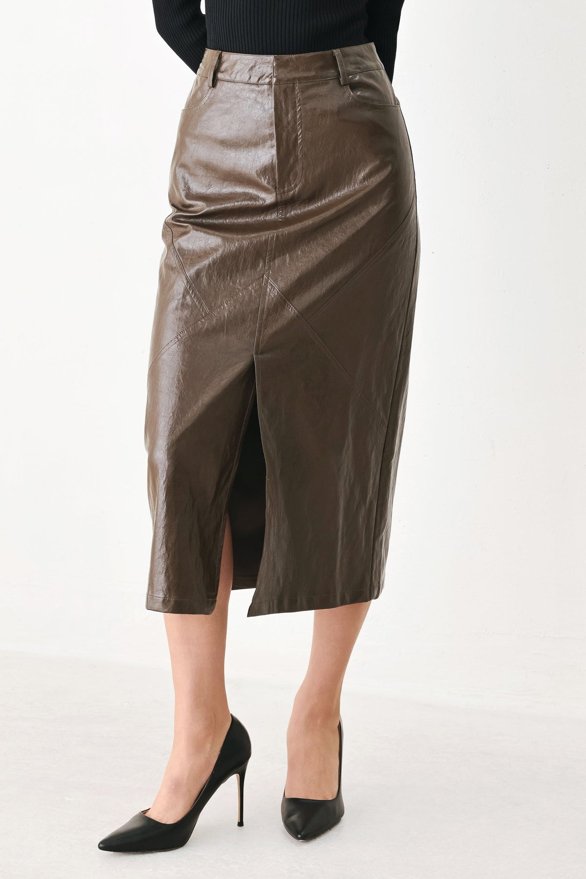 STONE LEATHER COLUMN FAUX LEATHER PENCIL SKIRT - Glamourous Grace